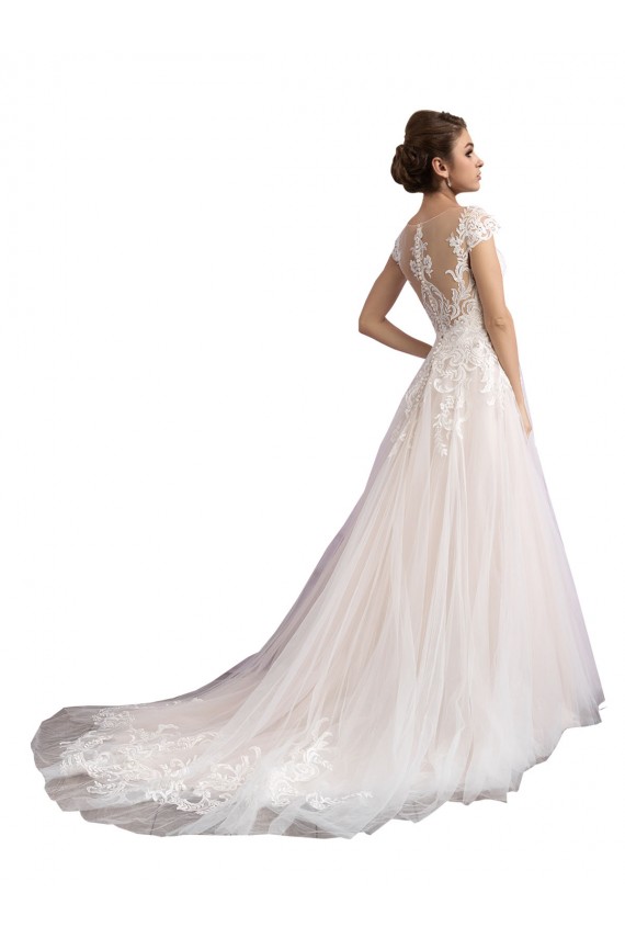 Cathedral Train Ivory & Champagne Cap Sleeves A-Line Beach Wedding Dress Leeds