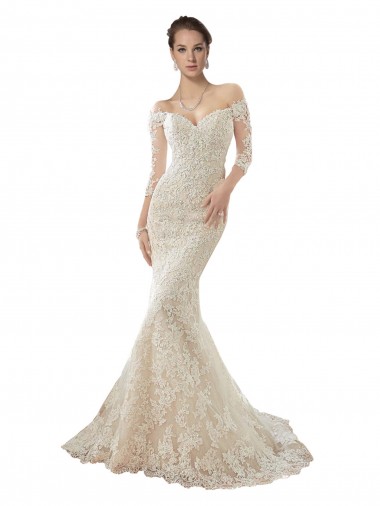 Chapel Train Ivory & Champagne Long Sleeves Mermaid Wedding Dress Leeds