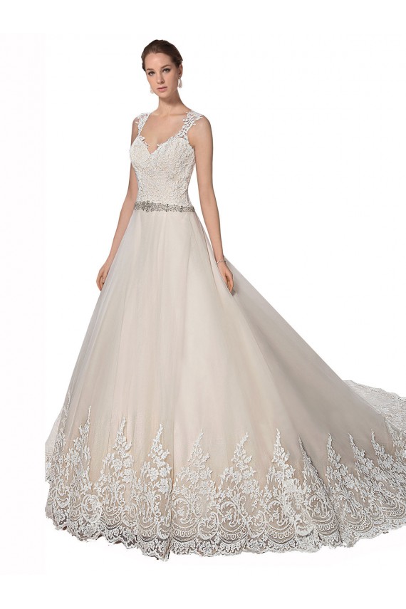 Chapel Train Ivory & Champagne Sleeveless A-Line Wedding Dress Leeds