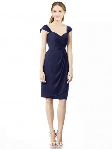 Knee Length Dark Navy Cap Sleeves Sheath Bridesmaid Dress Leeds