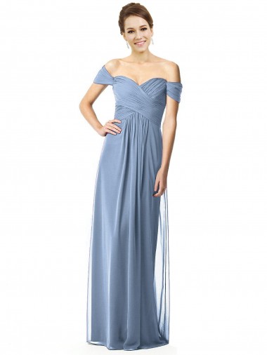 Long Dusty Blue Cap Sleeves A-Line Soft Chiffon Bridesmaid Dress Leeds