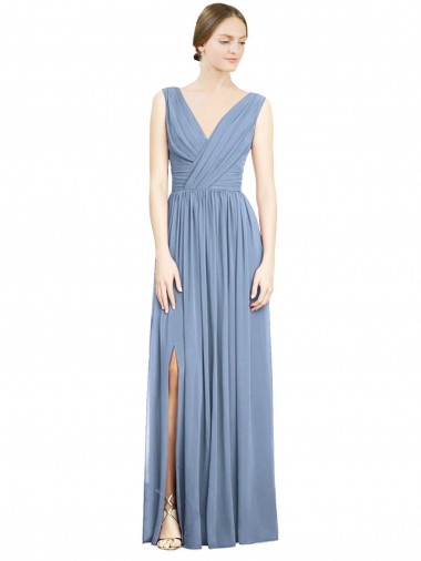 Long Dusty Blue Sleeveless A-Line Front Slit Semi Formal Evening Dress / Bridesmaid Dress Leeds