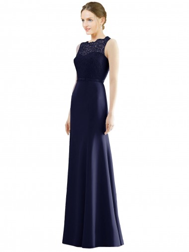 Long Dark Navy Sleeveless Mermaid Soft Chiffon & Lace Bridesmaid Dress Leeds
