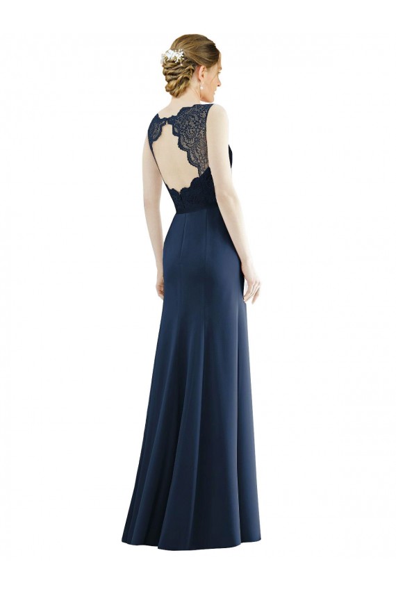 Long Dark Navy Sleeveless Mermaid Soft Chiffon & Lace Bridesmaid Dress Leeds