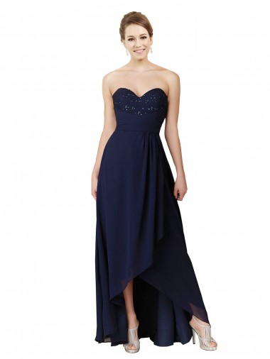 Long Dark Navy Sleeveless A-Line High Low Bridesmaid Dress Leeds