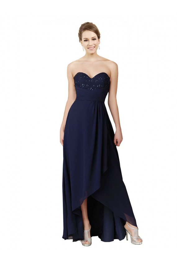 Long Dark Navy Sleeveless A-Line High Low Bridesmaid Dress Leeds