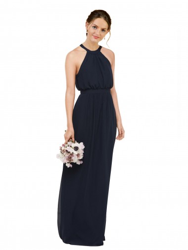 Long Dark Navy Sleeveless A-Line Chiffon Bridesmaid Dress Leeds