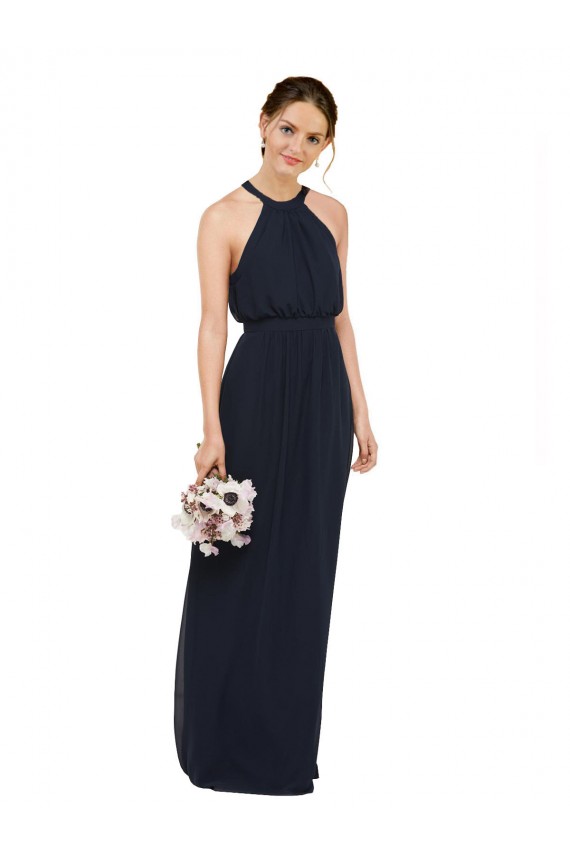 Long Dark Navy Sleeveless A-Line Chiffon Bridesmaid Dress Leeds