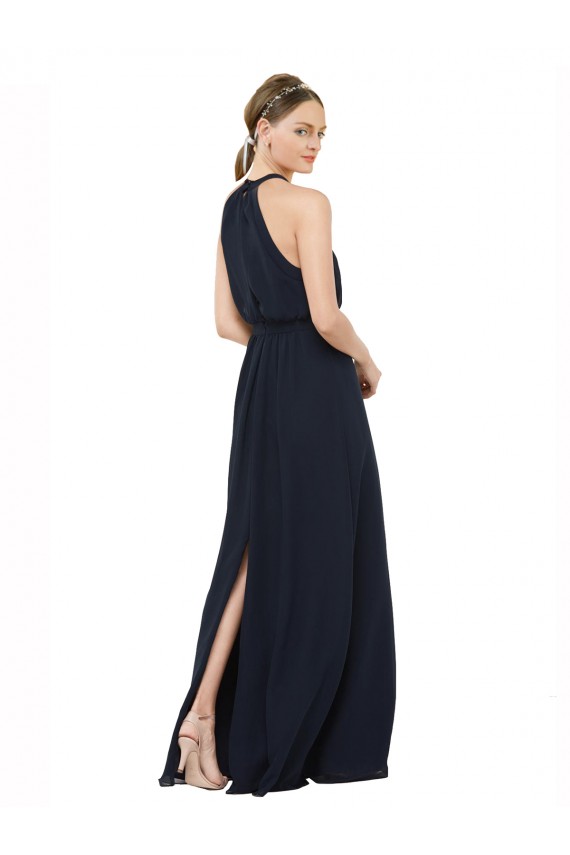 Long Dark Navy Sleeveless A-Line Chiffon Bridesmaid Dress Leeds
