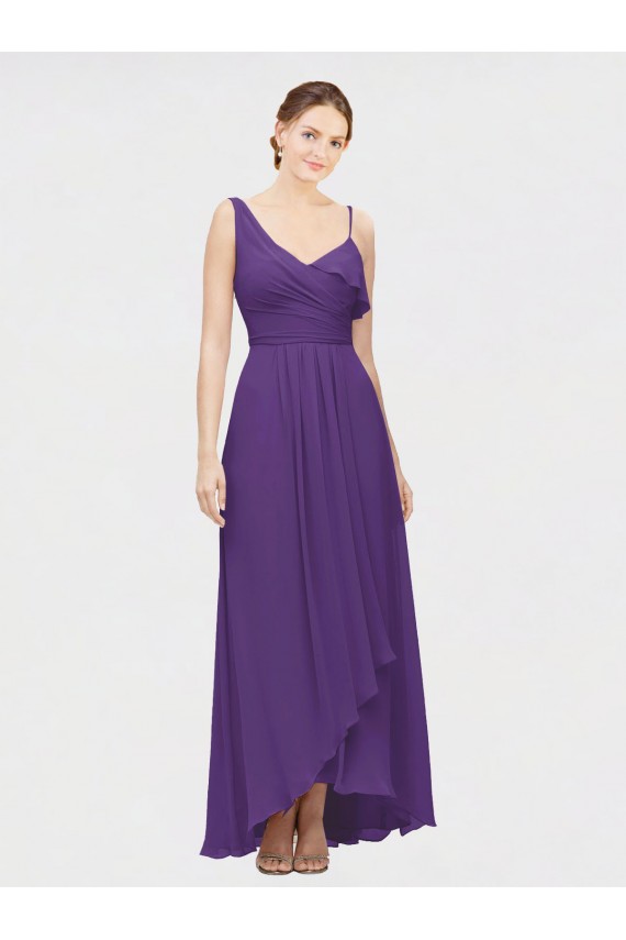 Long Plum Purple Sleeveless A-Line High Low Bridesmaid Dress Leeds