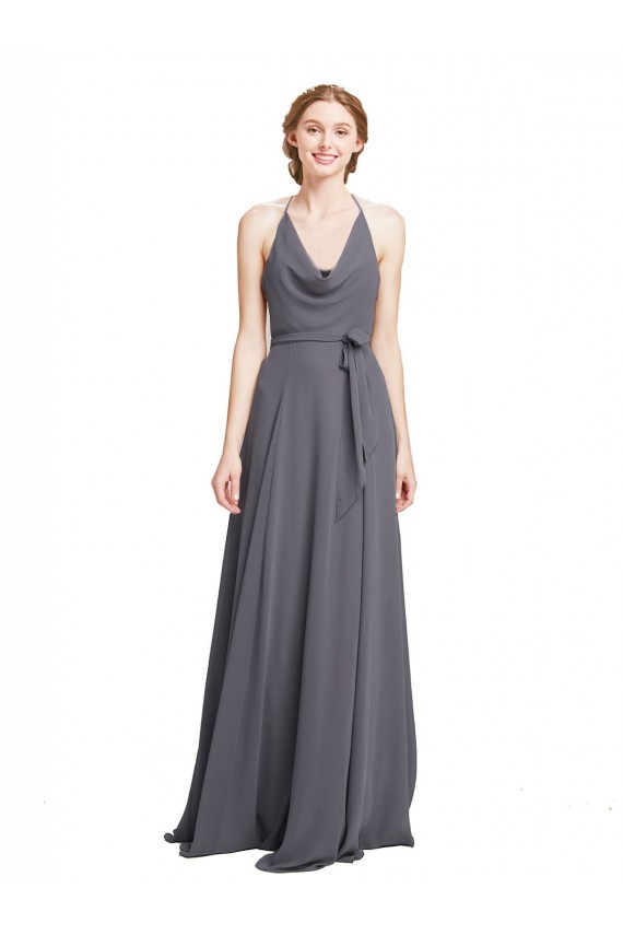 Long Slate Grey Sleeveless A-Line Soft Chiffon Bridesmaid Dress Leeds