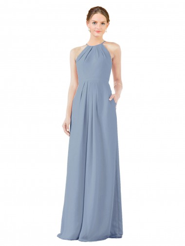 Long Dusty Blue Sleeveless Sheath Keyhole Back Bridesmaid Dress Leeds