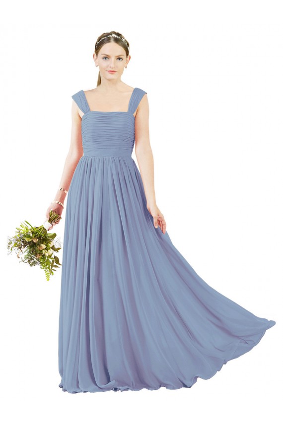 Long Dusty Blue Sleeveless A-Line Open Back Bridesmaid Dress Leeds