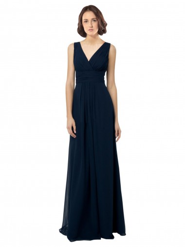 Long Dark Navy Sleeveless A-Line V-Back Bridal Party Dress Leeds