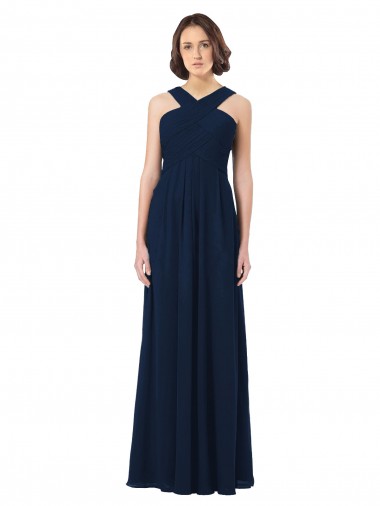 Long Floor Length Dark Navy Sleeveless A-Line V-Back Chiffon Bridesmaid Dress Leeds