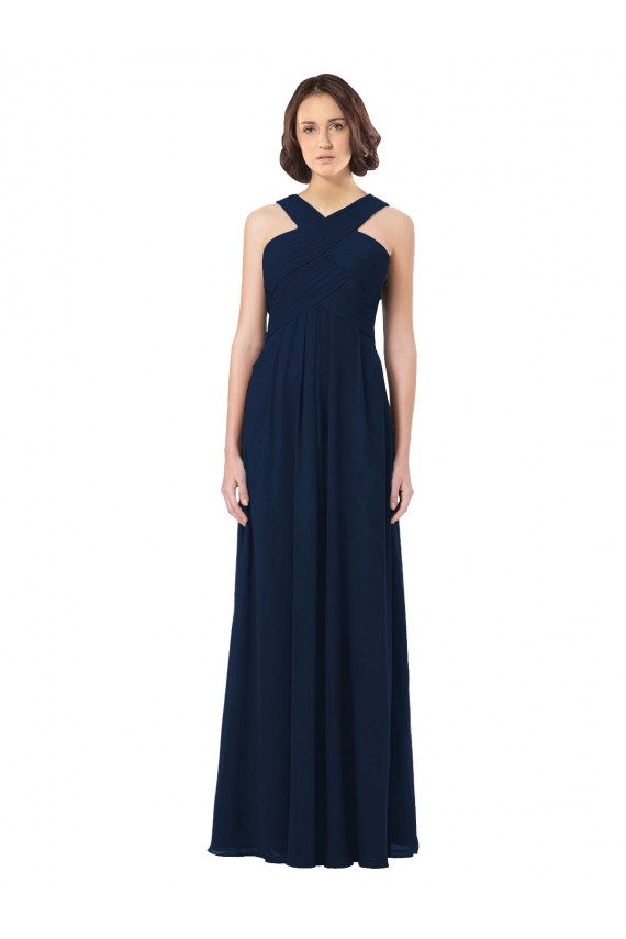 Long Floor Length Dark Navy Sleeveless A-Line V-Back Chiffon Bridesmaid Dress Leeds