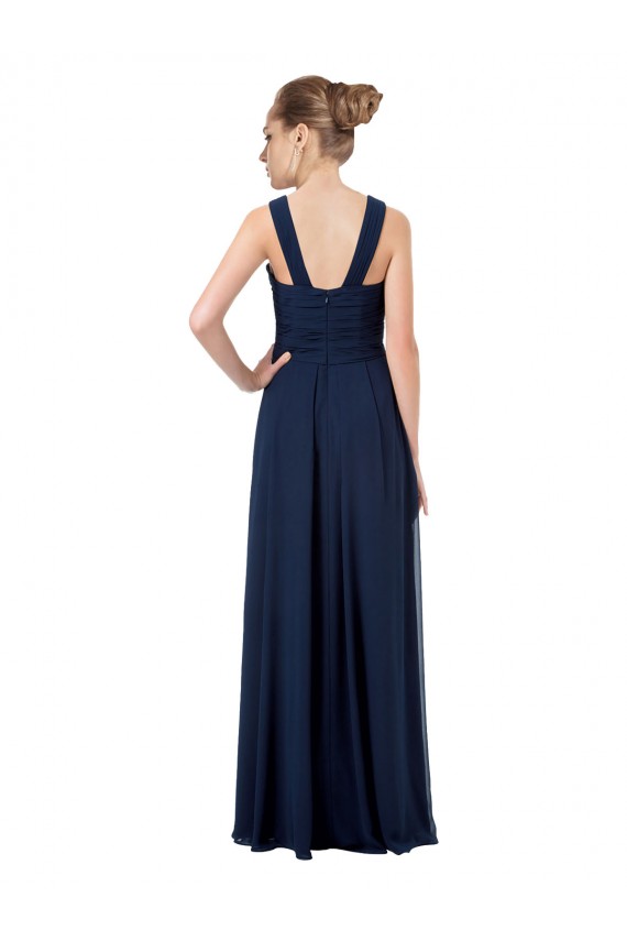 Long Floor Length Dark Navy Sleeveless A-Line V-Back Chiffon Bridesmaid Dress Leeds