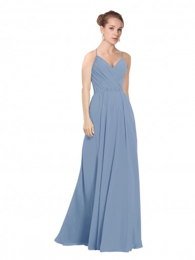 Long Dusty Blue Sleeveless A-Line V-Back Evening Dress / Bridesmaid Dress Leeds