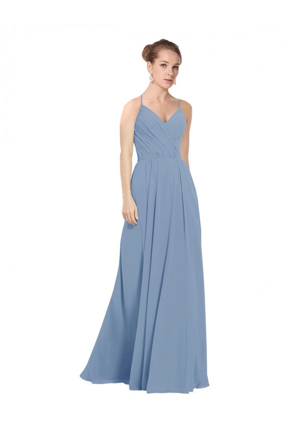 Long Dusty Blue Sleeveless A-Line V-Back Evening Dress / Bridesmaid Dress Leeds