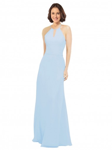Long Light Sky Blue Sleeveless A-Line Soft Chiffon Wedding Party Dress Leeds