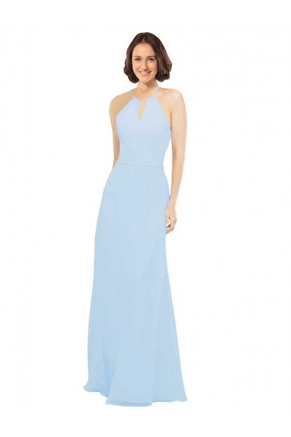 Long Light Sky Blue Sleeveless A-Line Soft Chiffon Wedding Party Dress Leeds