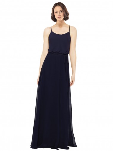 Long Dark Navy Sleeveless Sheath Soft Chiffon Bridal Party Dress Leeds
