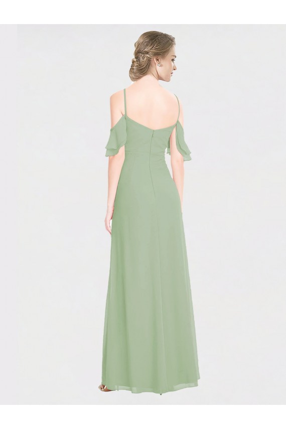 Long Smoke Green Sleeveless A-Line Low Back Formal Dress / Bridesmaid Dress Leeds