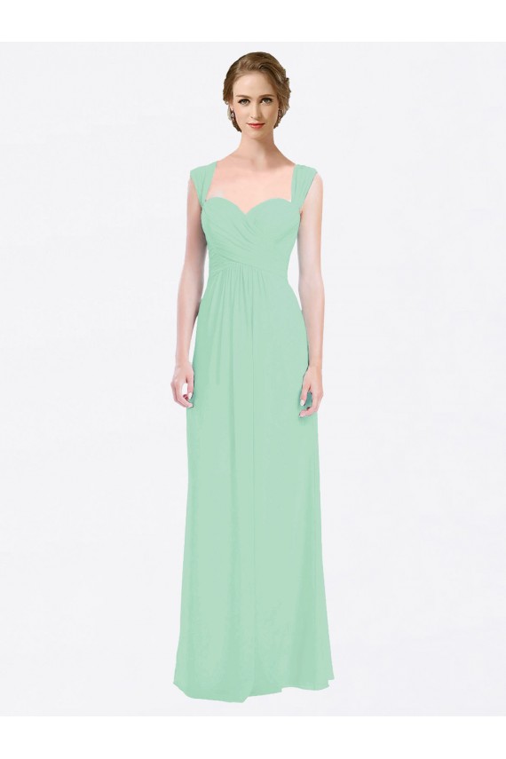 Long Mint Green Cap Sleeves A-Line V-Back Soft Chiffon Bridesmaid Dress Leeds