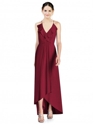 Long Burgundy Sleeveless A-Line Open Back High Low Bridesmaid Dress Leeds