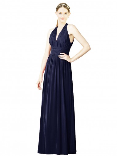 Long Dark Navy Sleeveless A-Line Keyhole Back Chiffon Bridesmaid Dresses Leeds