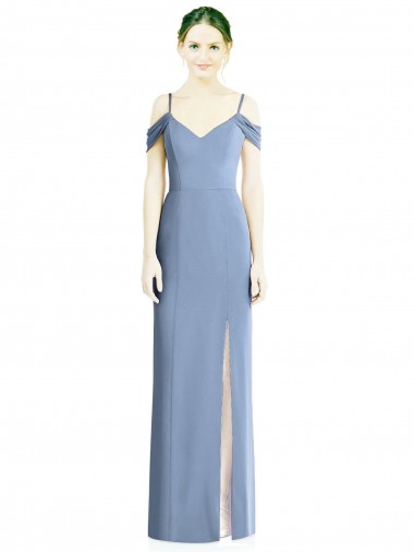Long Dusty Blue Cold Shoulder A-Line Open Back Formal Evening Gown / Bridesmaid Dress Leeds