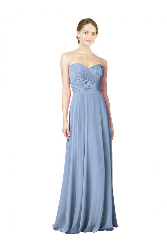 Long Dusty Blue Sleeveless A-Line Low Back Chiffon Wedding Party Dress Leeds