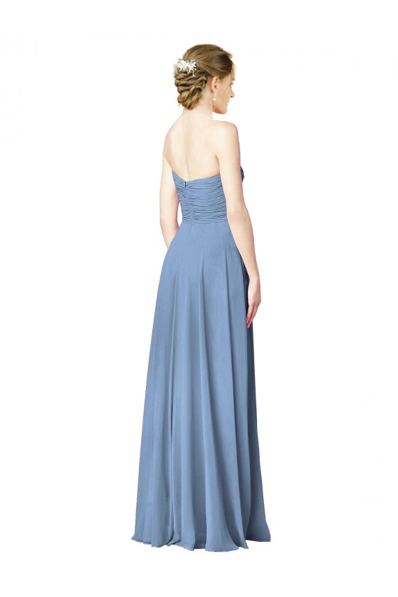 Long Dusty Blue Sleeveless A-Line Low Back Chiffon Wedding Party Dress Leeds