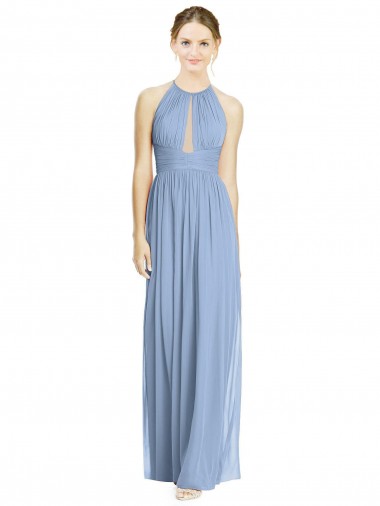Long Dusty Blue Sleeveless A-Line Chiffon Wedding Party Dress Leeds