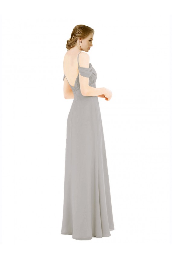 Long Silver Cold Shoulder A-Line Low Back Bridesmaid Dress Leeds