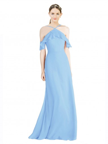 Long Periwinkle Cold Shoulder A-Line Low Back Formal Dress / Bridesmaid Dress Leeds