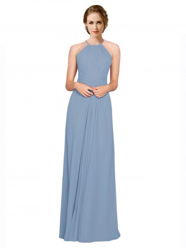 Long Dusty Blue Sleeveless A-Line Open Back Chiffon Bridesmaid Dress / Evening Dress Leeds