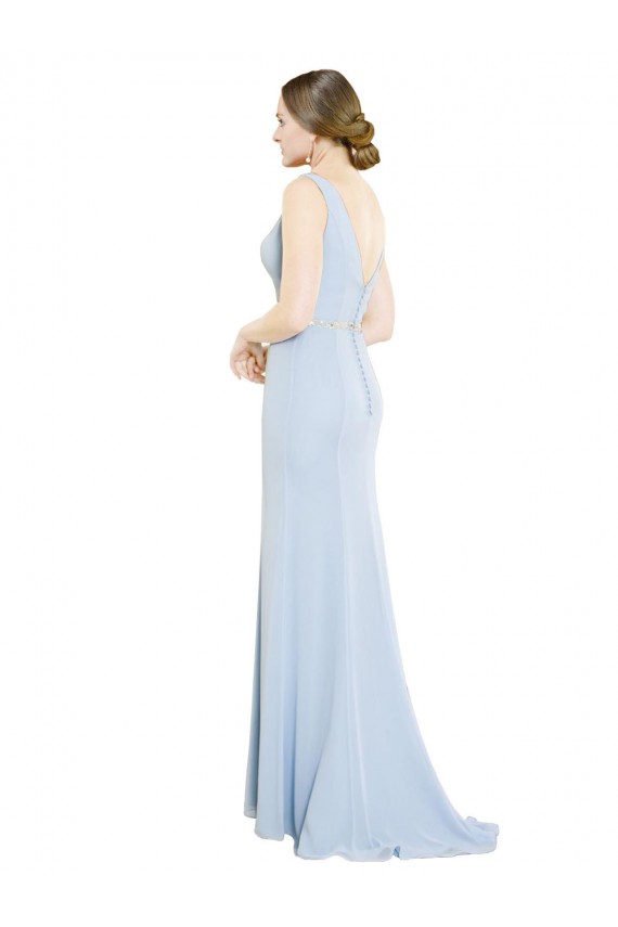 Long Light Sky Blue Sleeveless A-Line Low Back Soft Chiffon Bridesmaid Dress Leeds