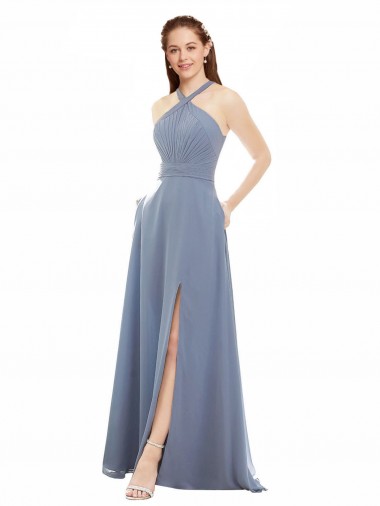 Long Dusty Blue Sleeveless A-Line Soft Chiffon Evening Dress / Bridal Party Dress Leeds