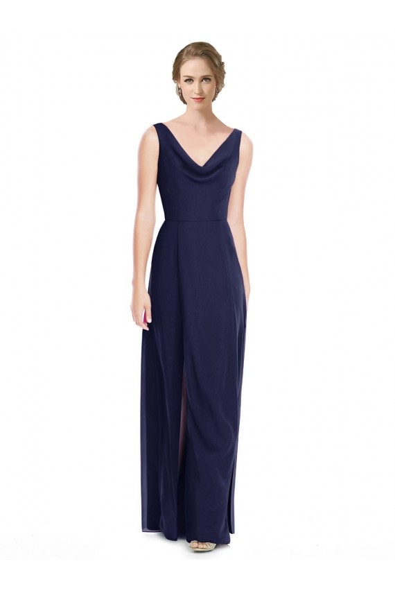 Long Dark Navy Sleeveless A-Line V-Back Side Front Slit Bridesmaid Dress Leeds