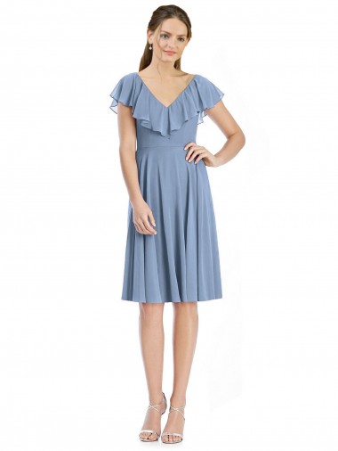 Cocktail Length Dusty Blue Cap Sleeves A-Line V-Back Bridesmaid Dress Leeds
