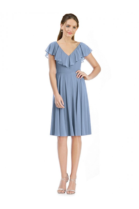 Cocktail Length Dusty Blue Cap Sleeves A-Line V-Back Bridesmaid Dress Leeds