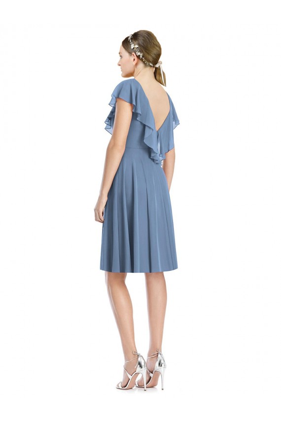 Cocktail Length Dusty Blue Cap Sleeves A-Line V-Back Bridesmaid Dress Leeds