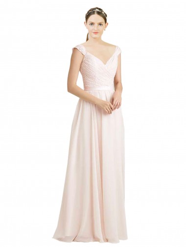 Long Cream Pink Sleeveless A-Line V-Back Soft Chiffon & Lace Bridesmaid Dress Leeds