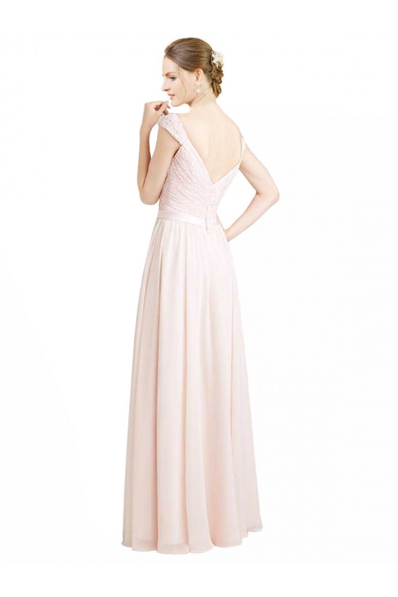 Long Cream Pink Sleeveless A-Line V-Back Soft Chiffon & Lace Bridesmaid Dress Leeds