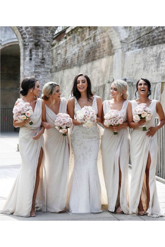 Long Champagne Sleeveless A-Line Low Back Bridesmaid Dress Leeds