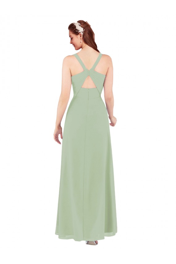 Long Smoke Green Sleeveless Sheath Keyhole Back Bridesmaid Dress Leeds