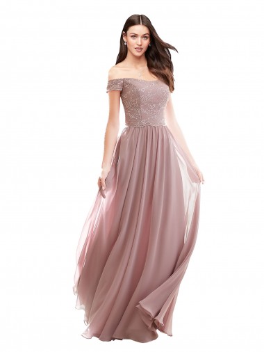 Long Pink Cap Sleeves A-Line Soft Chiffon & Lace Bridesmaid Dress Leeds