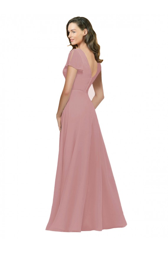 Long Dusty Pink Flutter Sleeves A-Line V-Back Bridesmaid Dress / Evening Dress Leeds