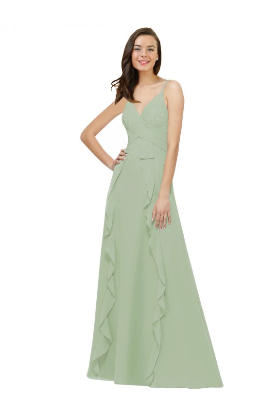 Long Smoke Green Sleeveless A-Line Soft Chiffon Bridesmaid Dress Leeds